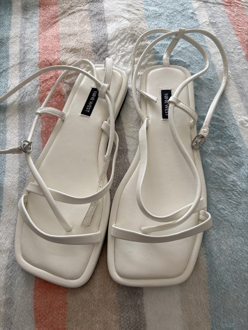 Nine West White Strappy Square-Toe Lace-Up Sandals